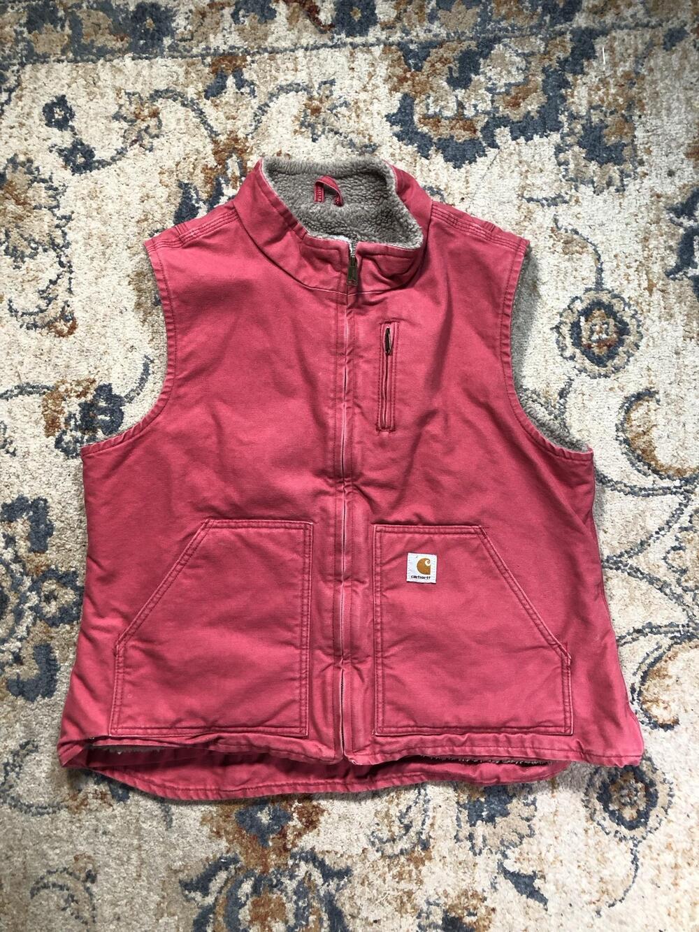 Carhartt Vest Girls XL 16/18 Red Canvas Sherpa Lined Full Zip Pockets Winter